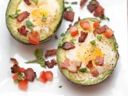 Avocado Baked Eggs with Tomato, Basil, and Bacon