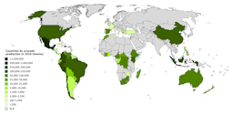 A choropleth map showing countries by avocado production in tonnes