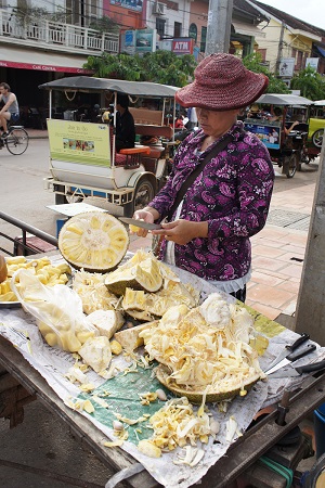 Lady selling jackfruit (Artocarpus heterophyllus) at Siem Reap, Cambodia