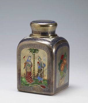 Tea Caddy with Chinoiserie Couple....decorated in translucent champlevé enamel with motifs composed of a couple of lychee fruit..