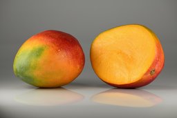 Mango fruits – single and halved. Grown in Brazil
