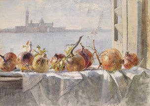 Granatäpfel auf einer Fensterbank, dahinter Venedig