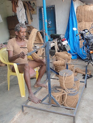 This photo depicting the process of rewinding of coconut coir pith rope. Tamils widely using this rope for many purposes