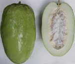 One and a half giant granadillas, showing the edible pulp in which the seeds are embedded.