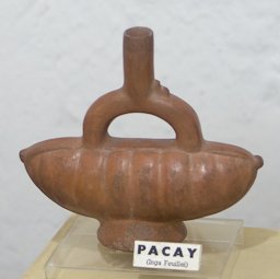 Ceramic vessel shaped like the pacay. Seen at the Archaeological Museum that is part of the Conjunto Monumental Belén in Cajamarca, Peru.