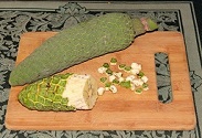 Monstera deliciosa, cultivated, Townsville - whole mature fruit and cut fruit