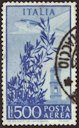 Stamp of Italy; 1948; airmail stamp of the issue "Torre di Campidoglio"; stamp showing an olive tree, an aircraft and the "Torre di Campidoglio" at the Capitoline hill in Rome