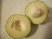 Ripe fruit, cut open to show the flesh and the seed
