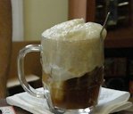 A beer float made with Breyers vanilla ice cream and Samuel Adams beer."