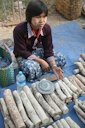 Vente de thanaka sur un marché en Birmaniear